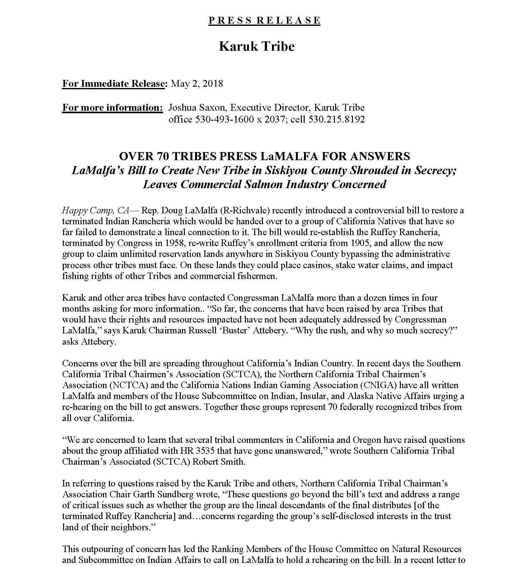 18 05 02 Tribes call for rehearing on Ruffey Page 1